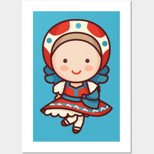 Cute Russian Village Girl in Traditional Clothing Cartoon Posters and Art